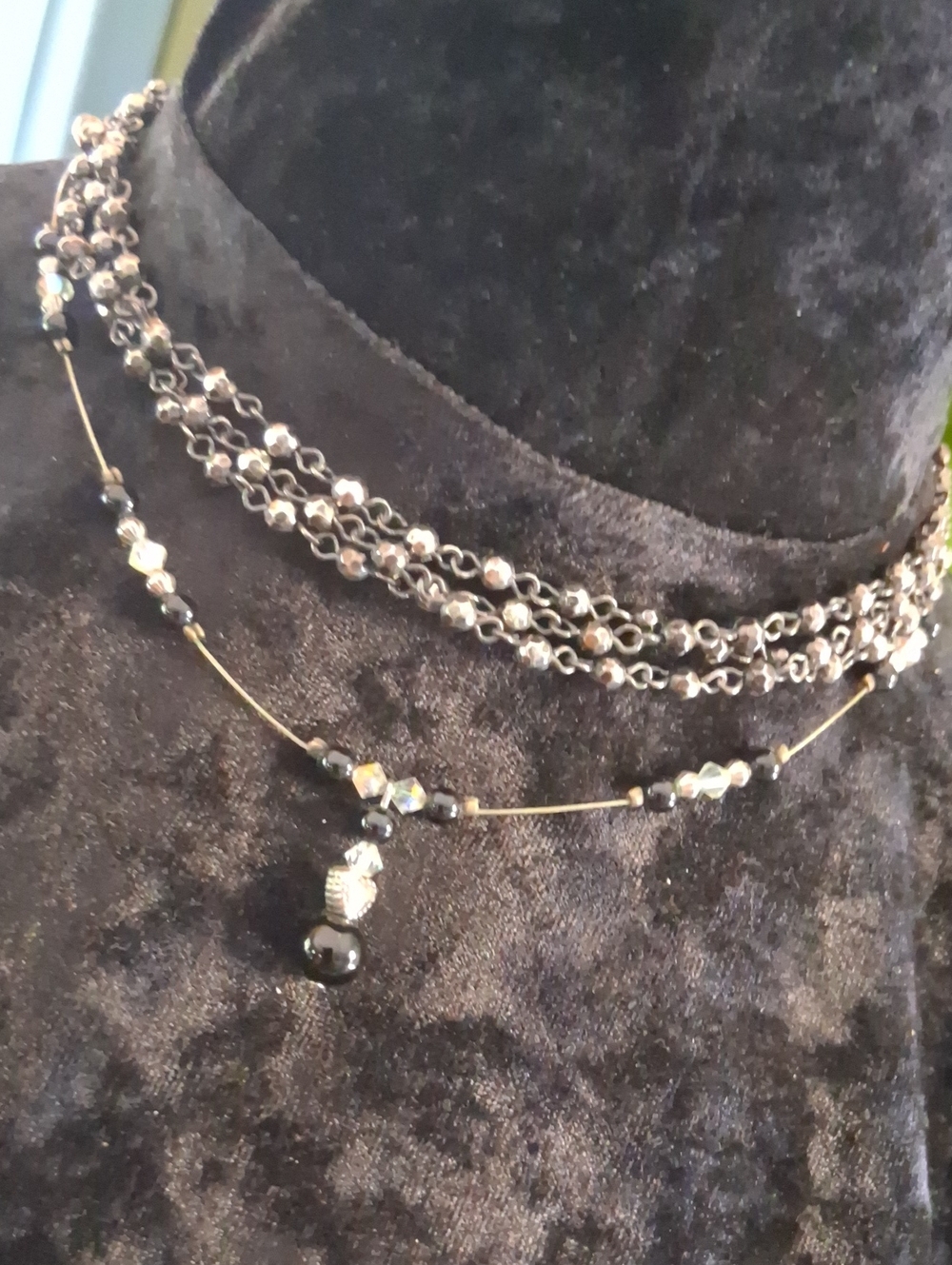 Multi-Strand Black 15 In. and Silver Toggle Clasp Glass & Crystal Necklace 16 In